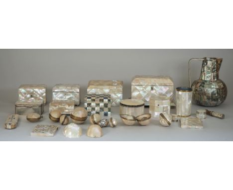 A quantity of Victorian mother-of-pearl decorated items, including caskets, visiting card cases, travelling inkwells, a water