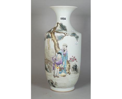 A  Chinese famille-rose vase, 20th century, cylindrical form beneath a waisted neck painted with a man and child standing bef