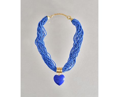 A gold and lapis lazuli necklace, formed as a multiple row spherical bead collar, the front fitted with a goldmounted,lapis l