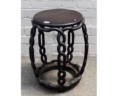 A late 19th century Chinese hardwood barrel stool, with open pierced interlaced supports, 38cm wide x 49cm high.  Provenance;