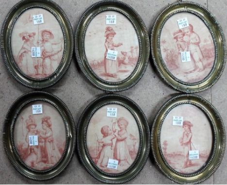 A group of assorted pictures and prints, including a set of six sanguine stipple engravings of children after Angelica Kauffm