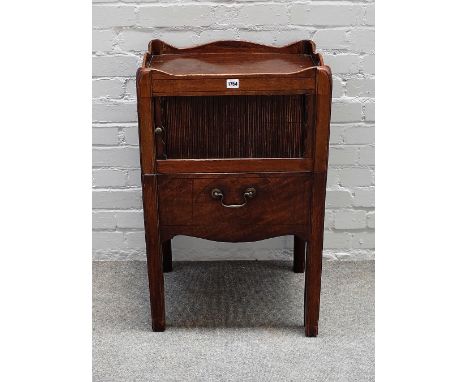 An 18th century mahogany tray top commode, with tambour panel, on square supports, 51cm wide x 79cm high. 