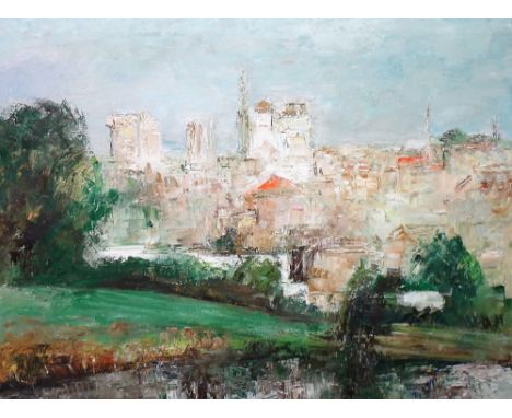 British School (20th century), View of a town, oil on canvas, indistinctly inscribed on reverse, unframed, 98cm x 132cm.; tog
