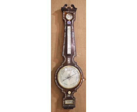 A 19th century rosewood and mother-of-pearl inlaid wheel barometer, 101cm high. 