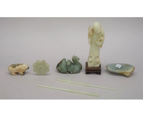 A group of Chinese jade and hardstone carvings, comprising; a pair of pale celadon jade chopsticks; a green and brown jade re