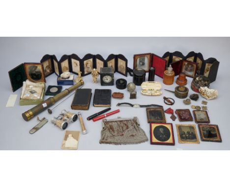 A quantity of collectables including; a Victorian ivory sewing etui, a Victorian mother-of-pearl and silver mounted visiting 