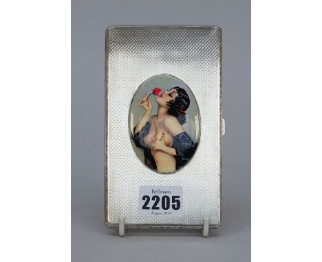 A silver rectangular cigarette case, the front later applied with an oval enamelled plaque, depicting the portrait of a semi 