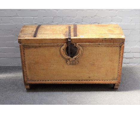 An 18th century North European oak dome top trunk, with iron strap work mounts, 102cm wide x 67cm high. 