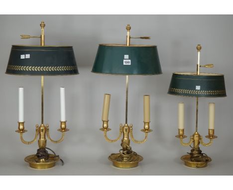 A near pair of Victorian style gilt brass bouillotte twin branch table lamps, with adjustable oval tole peinte shade, 65cm hi