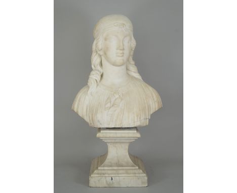 A mid-19th century Italian school marble portrait bust of a young woman, on swept rectangular section socle, (a.f.), 66cm hig