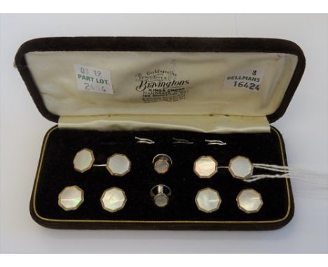 A silver, gold and mother-of-pearl evening wear dress set, comprising; a pair of cufflinks, a pair of studs and four buttons,