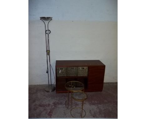 A STORAGE UNIT TOGETHER WITH A LAMP AND A GLASS TOP TABLE