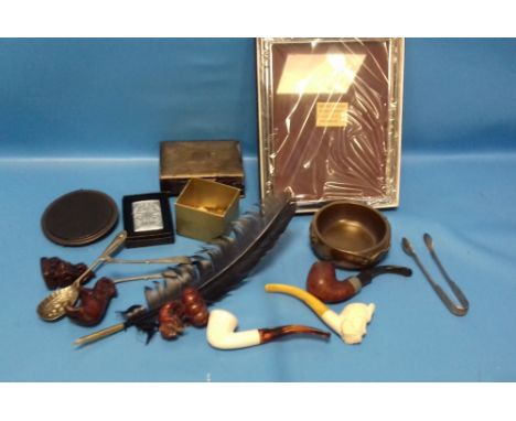 A BOX OF COLLECTABLES TO INCLUDE METALWARE, PIPES, QUILL PEN ETC.