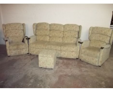 AN UPHOLSTERED 3 PIECE SUITE AND A POUFFE