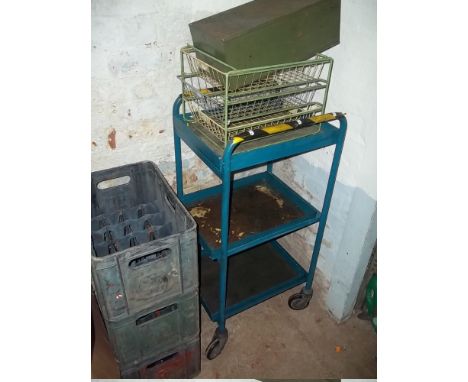 THREE BEER CRATES, TOOL TROLLEY ETC (6)