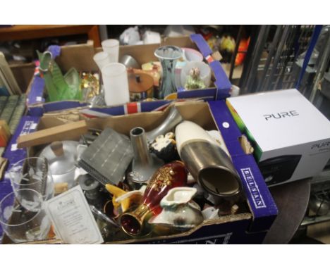 TWO TRAYS OF CERAMICS AND GLASSWARE TO INCLUDE A PURE DIGITAL CLOCK RADIO WITH CD PLAYER