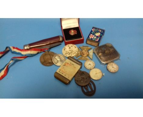 A BOX OF COLLECTABLES TO INCLUDE LIGHTER, MEDALS ETC.