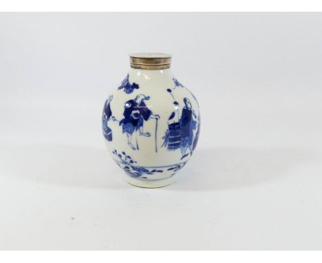 A small Chinese blue and white porcelain vase or tea caddy with hallmarked silver top, hallmarked Birmingham 1900, four chara