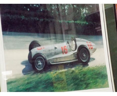 Signed limited edition print of a racing car entitled 'Shooting Star' and a modern oil painting of race horses 