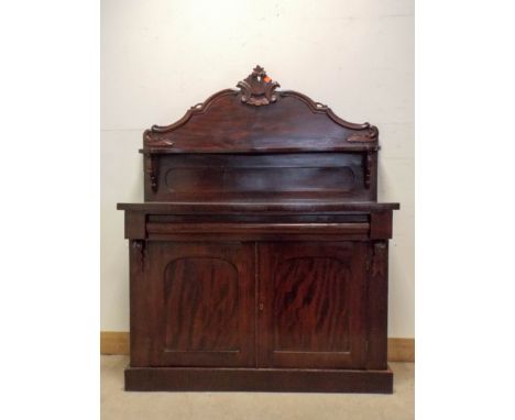 A Victorian mahogany chiffonier with shaped shelf style back, 4' wide