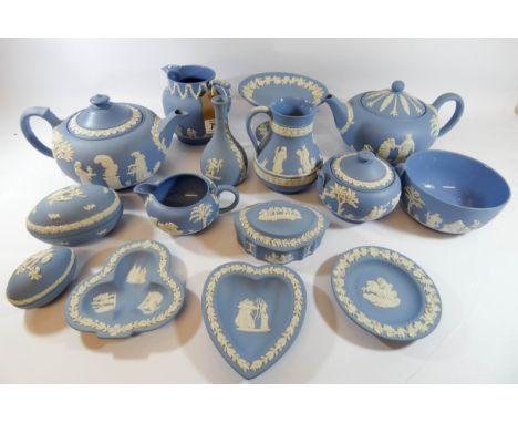 Wedgwood Blue Jasper ware to include four piece tea service, trinket boxes, footed comport etc, 15 pieces in the lot 