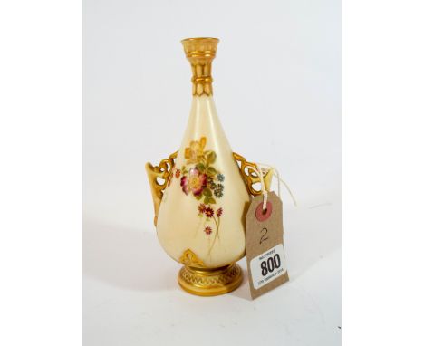 A Royal Worcester blush ivory twin handled narrow neck vase painted with roses numbered on the base 982, height 17cms   No si