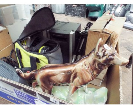 A cordless Ryobi drill, an Alsatian dog ornament, tripod etc 