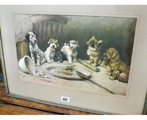Cecil Aldin framed print of dogs - "What became of the plum pudding?", framed & glazed