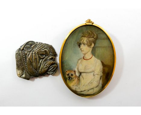 19th century portrait miniature of a Regency lady with her dog together with a bulldog model brooch   Portrait miniature is o