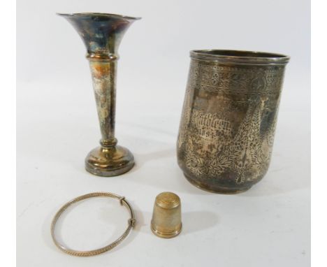 A Victorian silver christening tankard, specimen vase, child's bangle and a thimble 