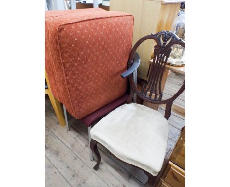 An Edwardian bedroom chair, office chair and a terracotta upholstered pouffe 
