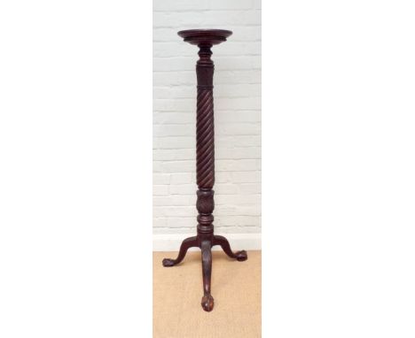 A Victorian mahogany torchere on barley twist column with tripod base and claw feet, 53" tall  