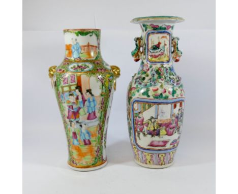 Cantonese vase with relief moulded handles and another similar vase with interior turquoise drip glaze, largest vase measures