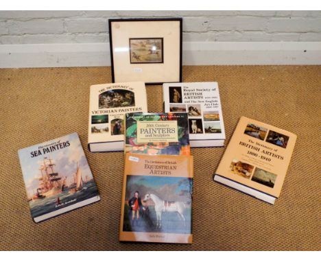 Six assorted dictionaries of British Art, and a framed hunting print