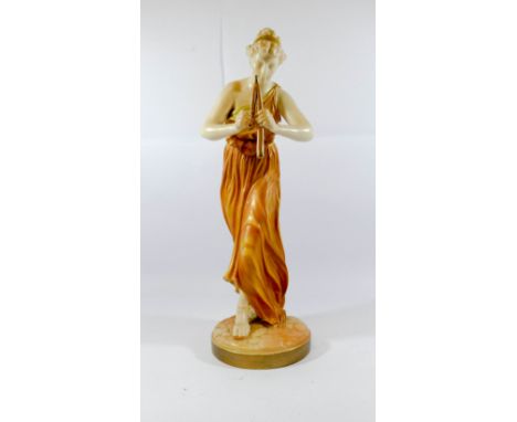 A Royal Worcester blush ivory classical figurine of a pipe player, standing 33cms tall, signed  Hadley to the base    pipes h