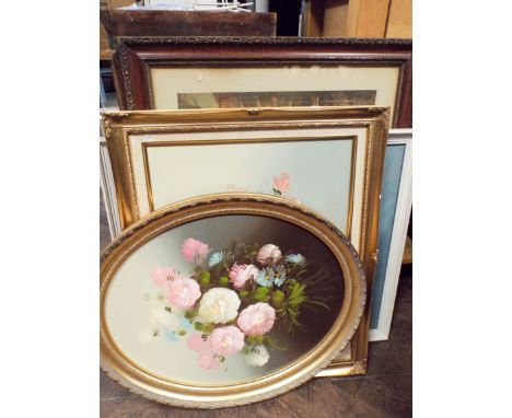 Two paintings of flowers, one of boats and a framed print 