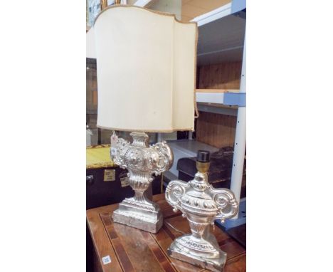 Two white metal decorative urn shaped table lamp bases 