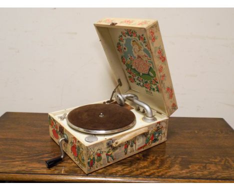 A Little Miss Muffet, decorated, windup, portable gramophone made by Deka
