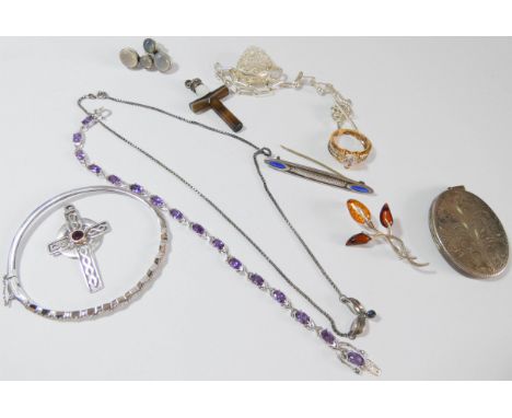 A collection of silver and paste set jewellery - bangle, line bracelet, agate cross pendant etc.