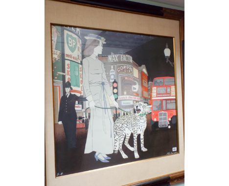 Philippe Noyer hand coloured lithograph of lady in Piccadilly, framed and glazed 