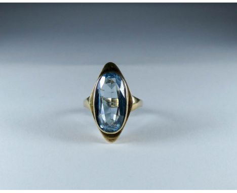 9ct yellow gold marquise panel aquamarine dress ring, ring size K/L  Modern, full set of Birmingham hallmarks, 4.6 grams, ver