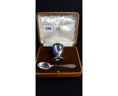 SILVER EGG CUP AND SPOON SET IN FITTED CASE