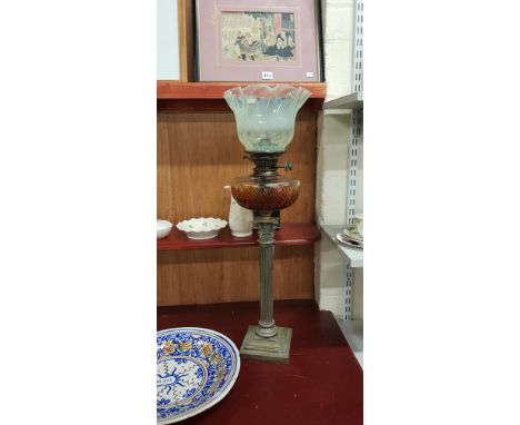 ANTIQUE OIL LAMP WITH AMBER BOWL &amp; VASELINE SHADE