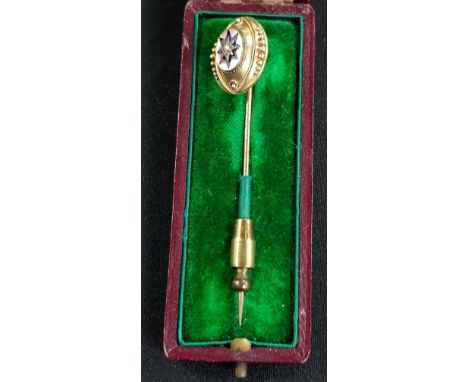 GOLD ENAMEL AND PEARL STICK PIN IN ORIGINAL BOX