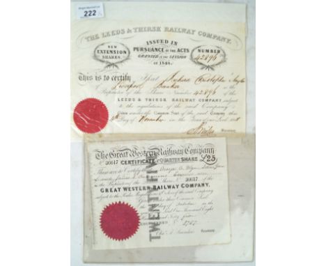 Two early railway certificates, mid 19th CenturyTo include The Leeds and Thirsk Railway Company, dated 1848 and The Great Wes