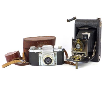 A rare Praktiflex camera With Carl Zeiss Jena lens Nr 3148734, together with a Kodak number 3 autographic model H, number 154