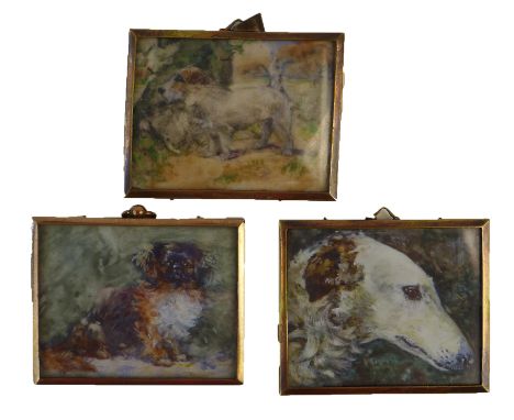 Three watercolour miniatures depicting dogsTo include Jack Russell, hunting dog and shih tzu, each inset within brass frames,
