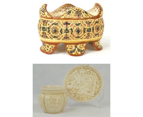 Three pieces of Zsolnay PecsTo include a pierced bowl of oval form, painted in gilt, yellow, green and red, height 13cm, leng