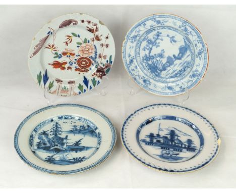 Four 18th Century Delft tin glazed platesThe first example having polychrome floral decoration, diameter 22cm, the second dep