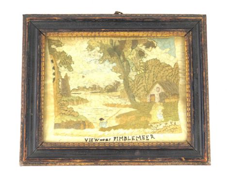 A 19th Century tapestry panel'View near Pimblemeer' depicting figures in landscape scene with thatched roof cottage, 12 x 16c